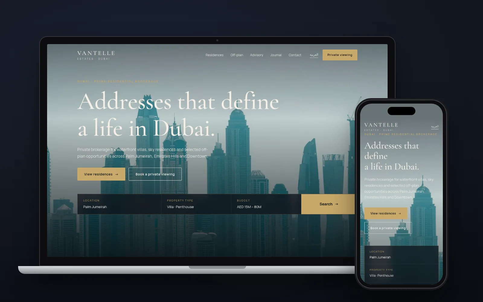 Vantelle Estates concept website on laptop and phone